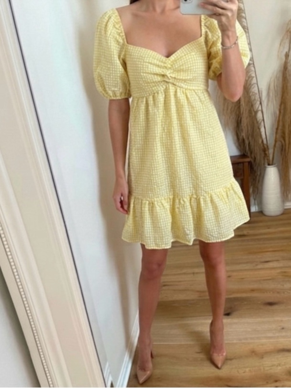Fashion Nova Yellow Gingham Puff-Sleeve Mini Dress